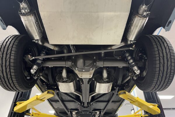 Bottom view of a dual exhaust system for 1966 Mustang Convertible.