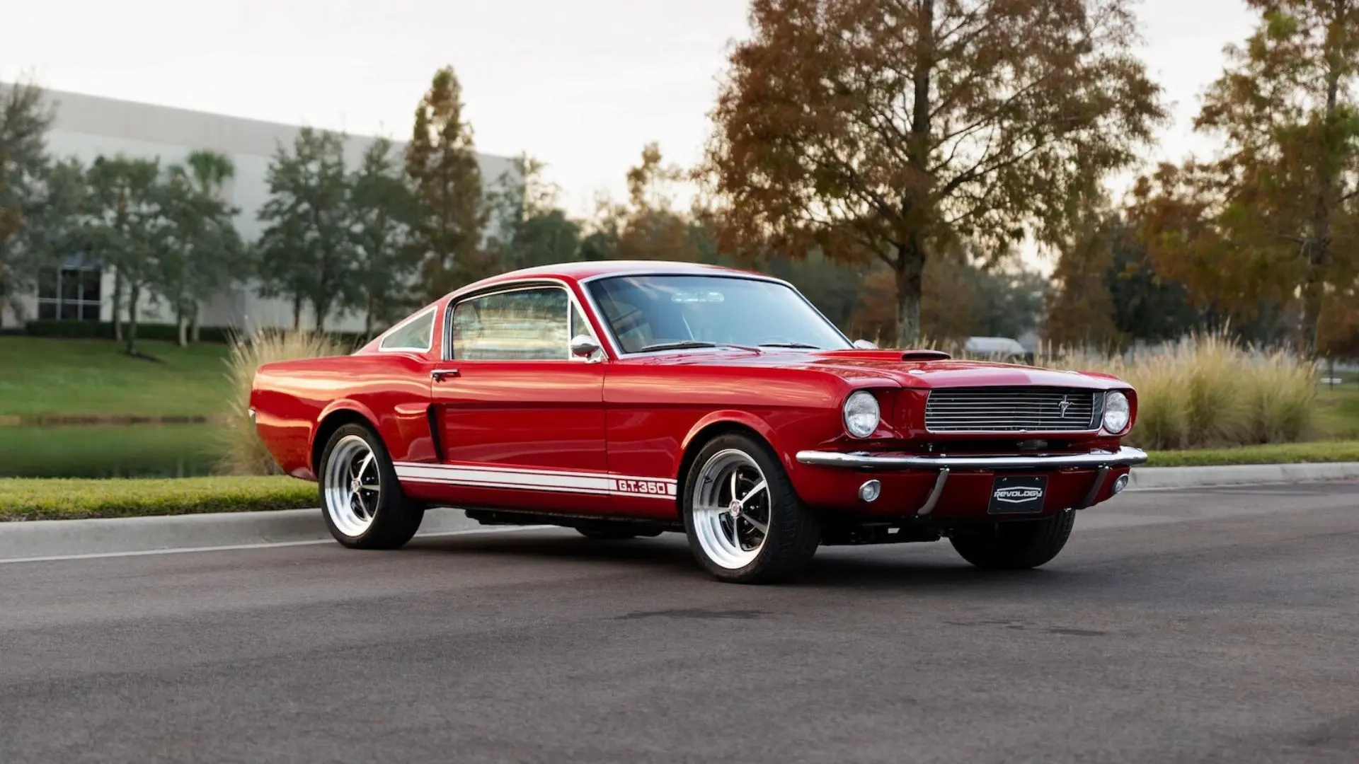 Red 1966 Shelby GT 350/ GT 350H with white side stripes.