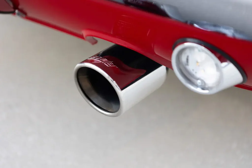 The stainless steel dual exhaust system on the 1968 Shelby GT500KR Convertible.