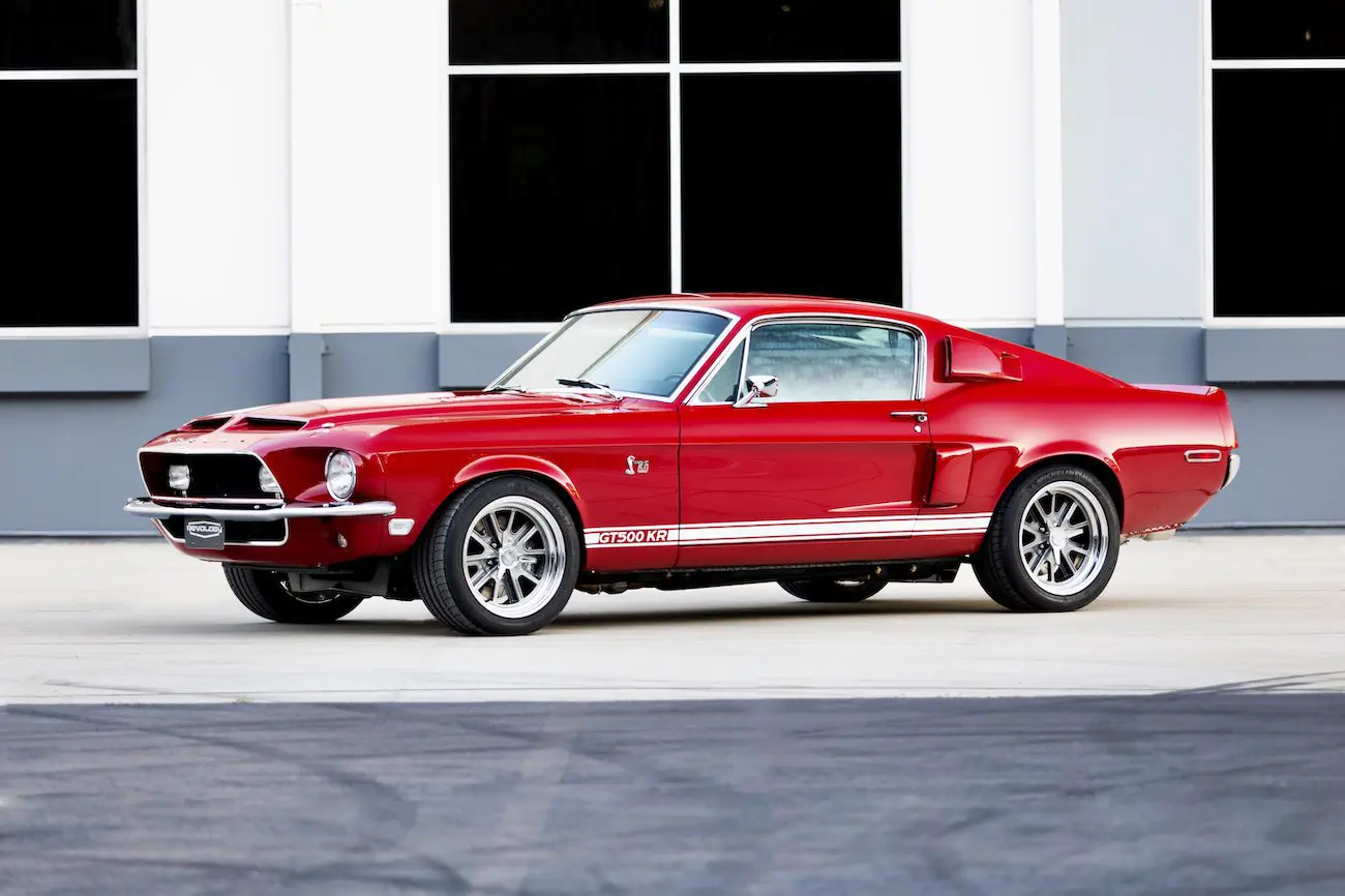 Distinctive external appearance of a red 1968 Shelby GT500KR.