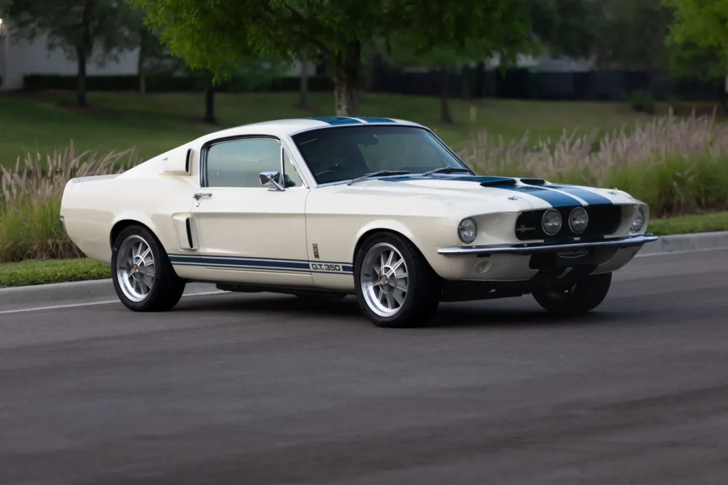 A side view of a white 1967 Shelby GT 350.