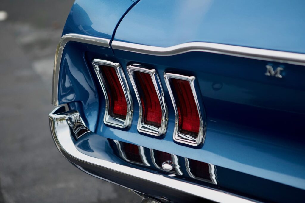 A close-up of a 1968 Mustang GT 2+2 Fastback Cobra Jet back left light design.