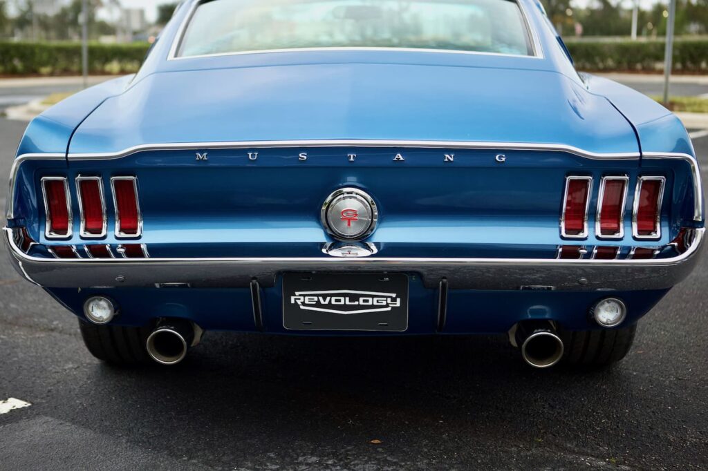 A close-up of a 1968 Mustang GT 2+2 Fastback Cobra Jet back lights design.