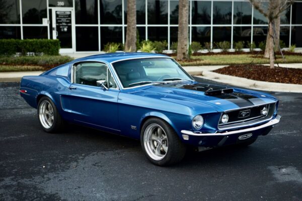 Distinctive external appearance of a 1968 Mustang GT 2+2 Fastback Cobra Jet.