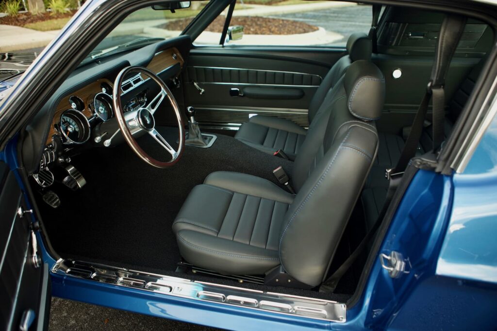 Close-up of a 1968 Mustang GT 2+2 Fastback Cobra Jet driving seat interior view.