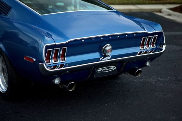 The stainless steel dual exhaust system on 1968 Mustang GT 2+2 Fastback Cobra Jet.