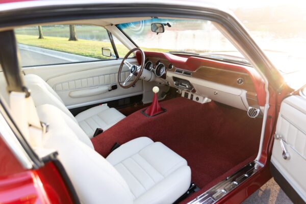 White leather interior in a 1968 Mustang GT 2+2 Fastback Cobra Jet