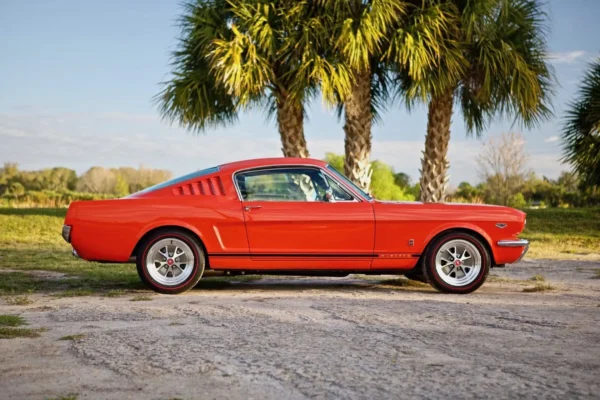 Red 1966 Mustang 2+2 Fastback parked in front of the palm trees