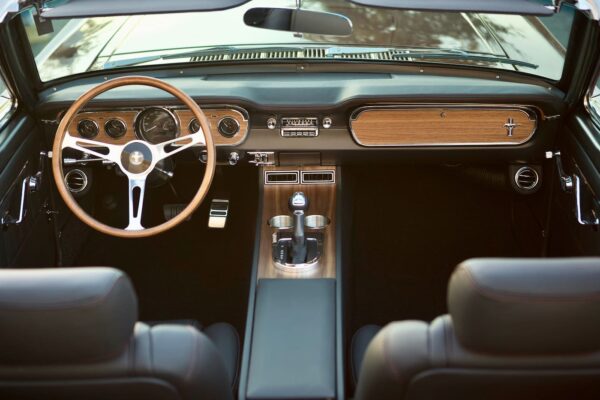 Front part of the interior of a vintage 1966 Mustang Convertible.
