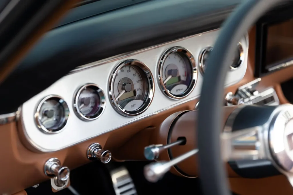 Interior of a 1966 Mustang Convertible shot from the driver side dashboard.