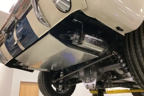The stainless steel dual exhaust system on 1966 Shelby GT 350/ GT350H.