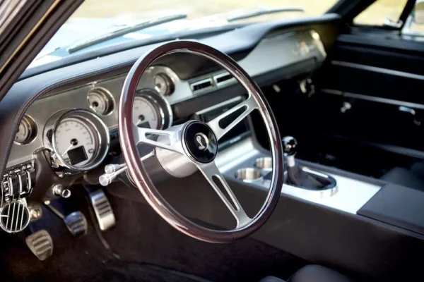 Close-up of a 1967 Shelby GT 350 steering wheel.