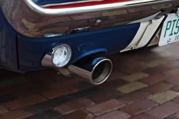 The stainless steel dual exhaust system on 1967 Shelby GT 500.