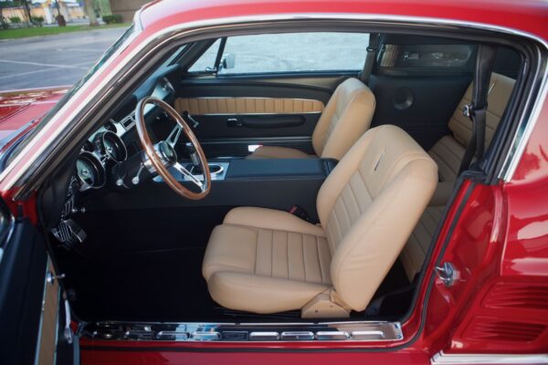 Brown leather interior in red 1967 Mustang GT / GTA 2+2 Fastback.