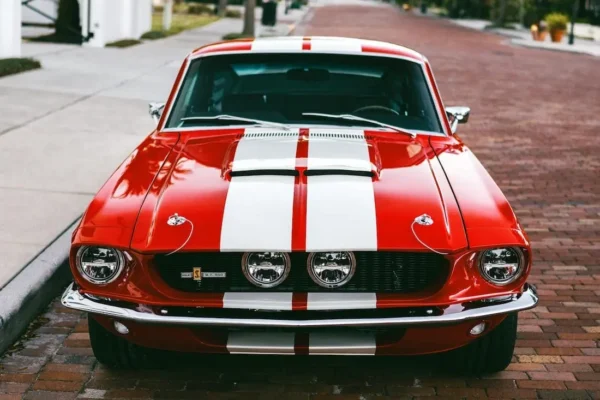 Red with white stripes 1967 Shelby GT 500 with exceptional fit and flushness.