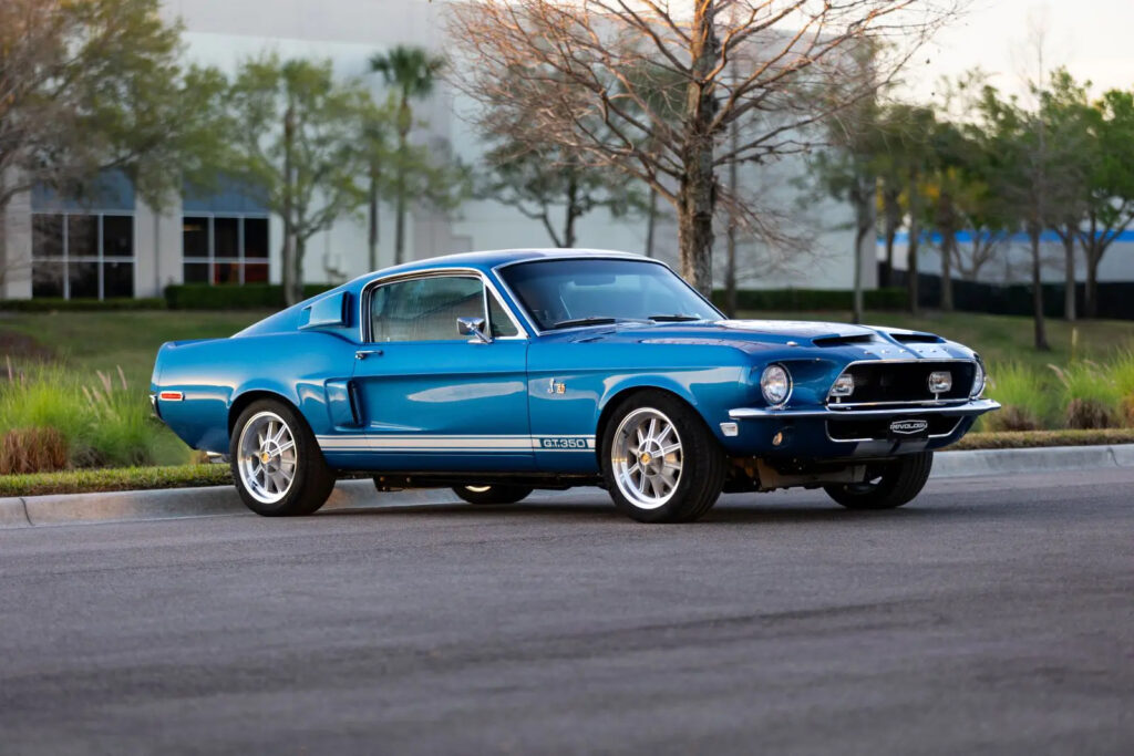 Classic side profile of blue 1968 Shelby GT350.