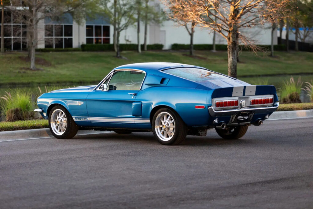 1968 Shelby GT350 parked, showing rear quarter design.