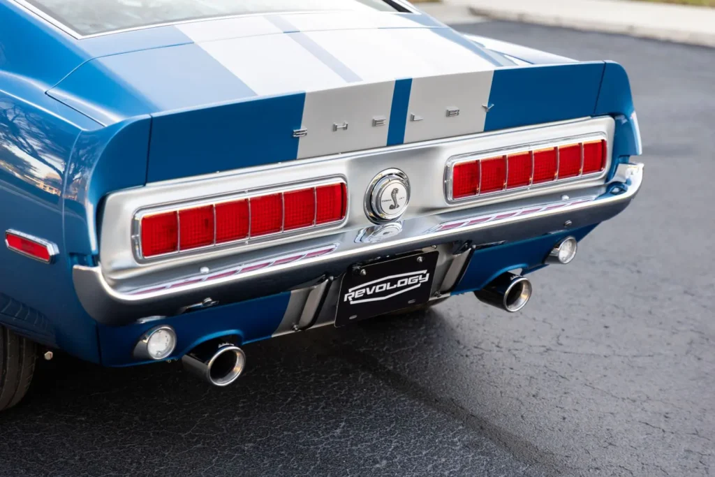 1968 Shelby GT350 rear with chrome bumper and dual exhausts.