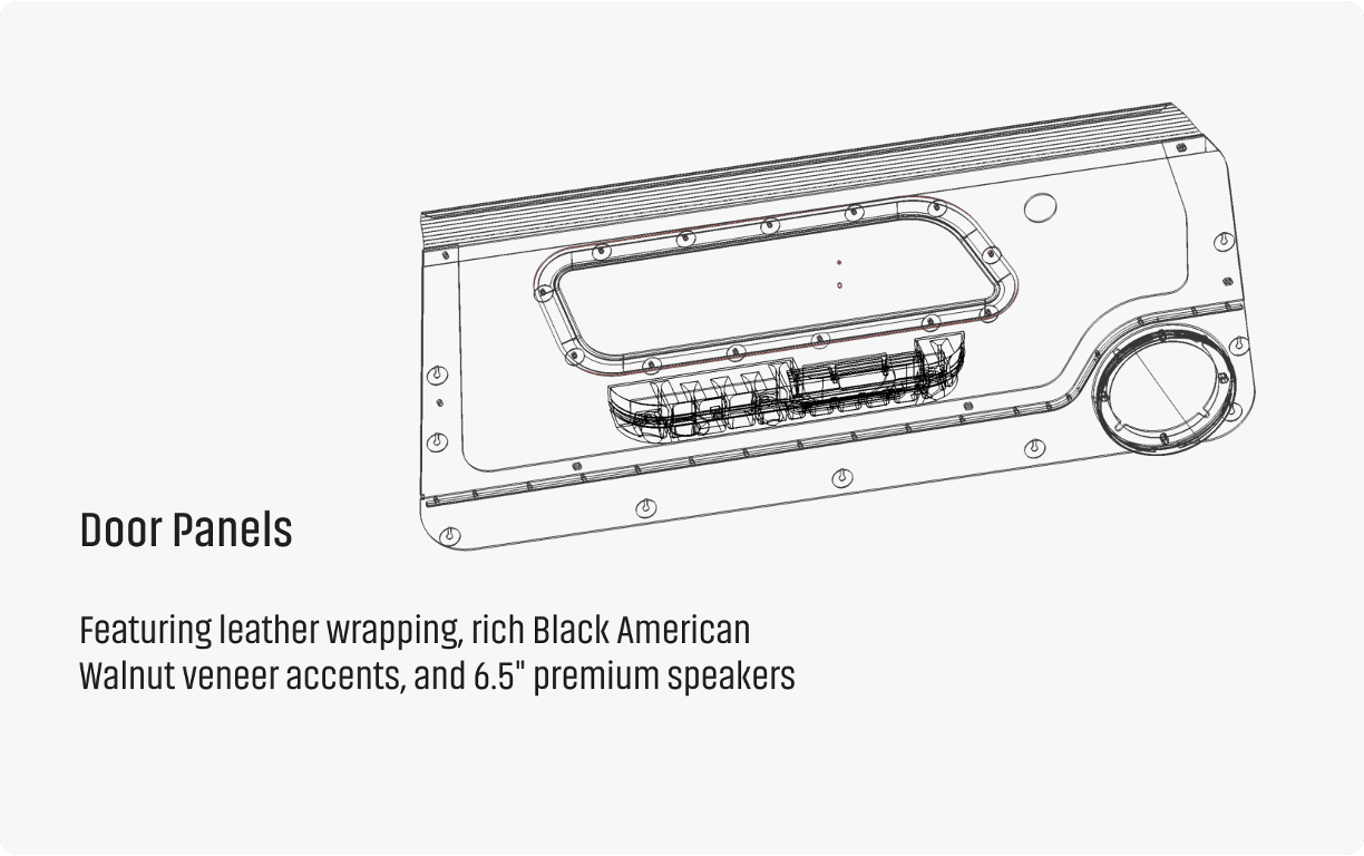 Technical CAD wireframe diagram of the Revology custom interior door panel for a classic Mustang, featuring leather-wrapped sections, Black American Walnut veneer, and integrated 6.5-inch premium audio speakers.