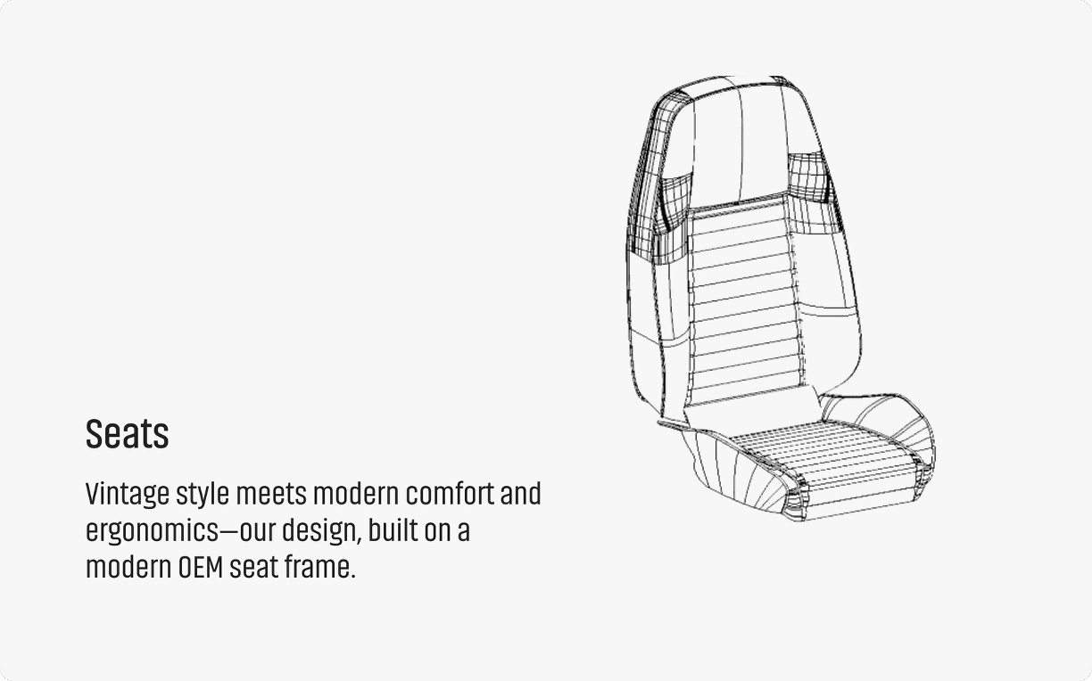 Technical wireframe diagram of a Revology performance bucket seat for a classic Mustang, illustrating the integration of a modern OEM seat frame with vintage-style upholstery.