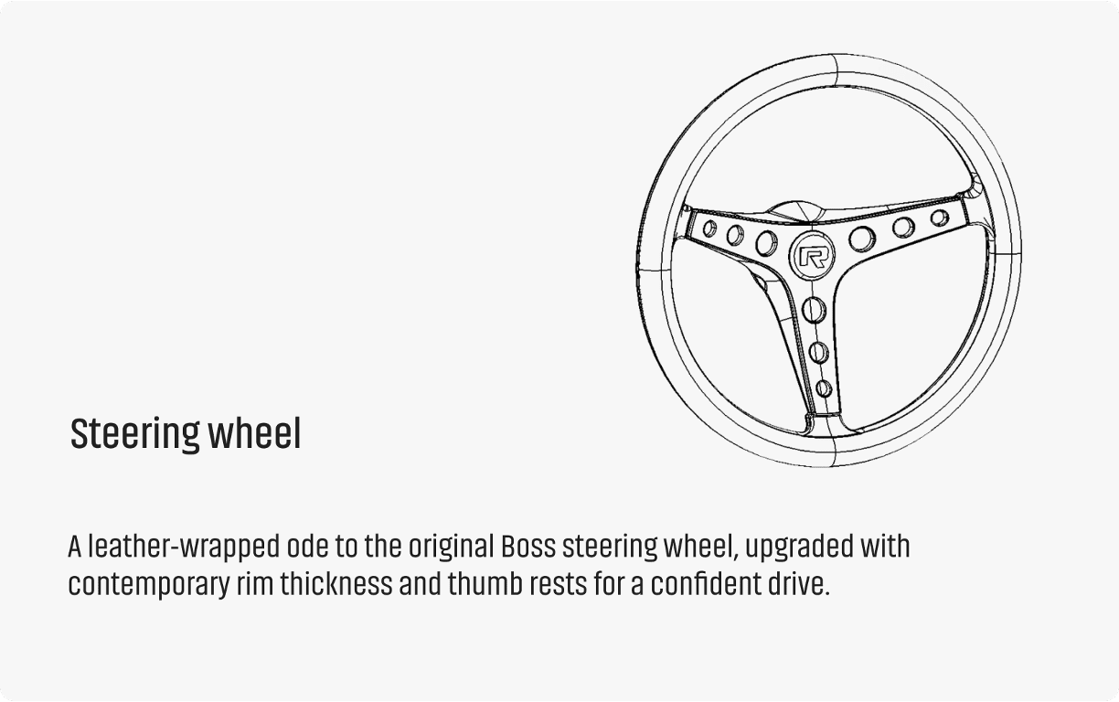 Technical wireframe drawing of the Revology leather-wrapped steering wheel for a classic Mustang Boss restomod, featuring integrated thumb rests and modern rim thickness.