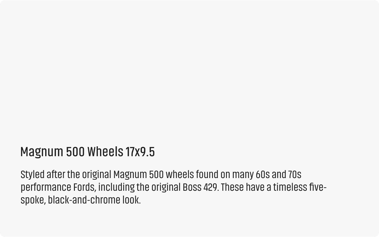 Magnum 500 wheels 17x9.5 for classic Ford Mustang, featuring a black and chrome five-spoke design styled after the original Boss 429 wheels.