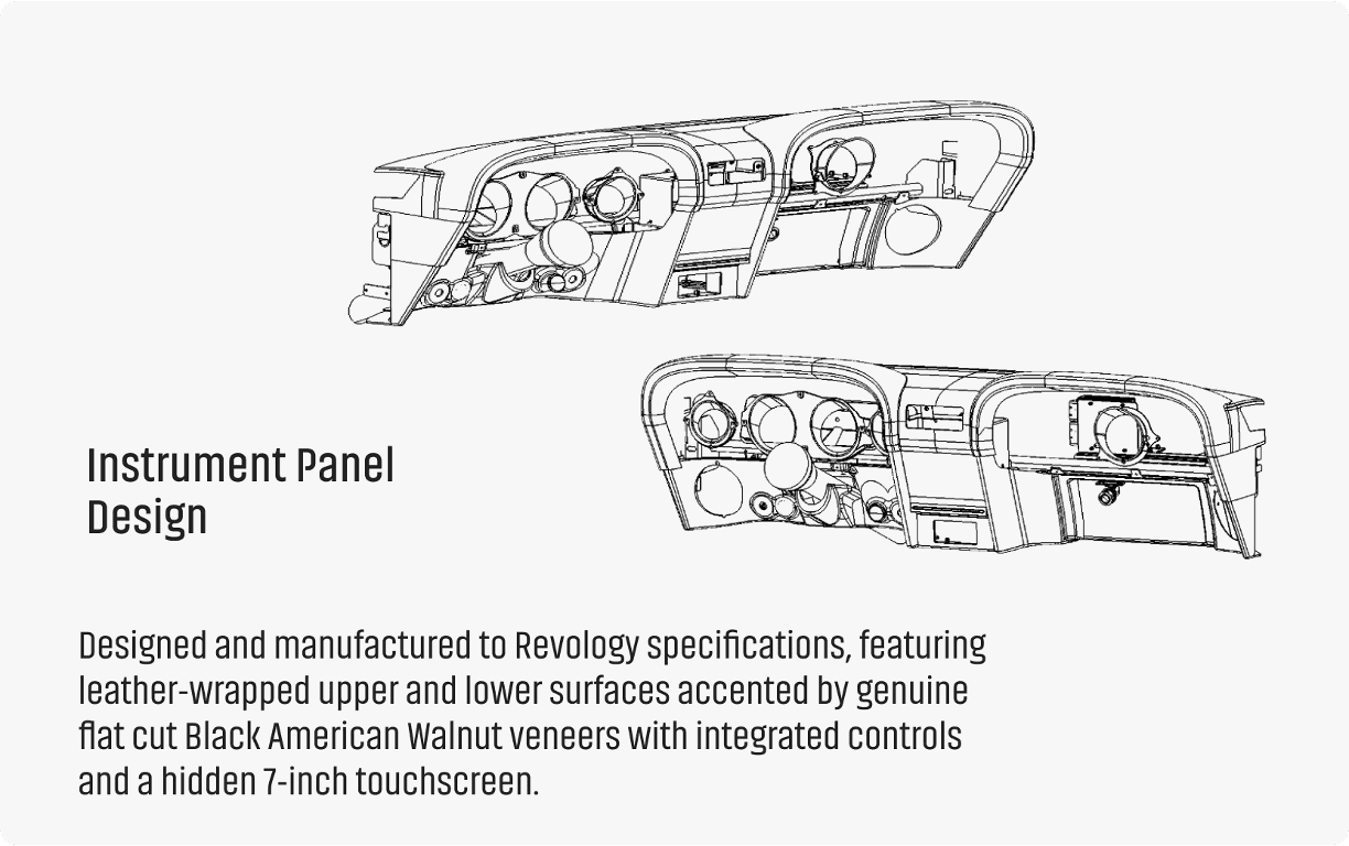 Technical wireframe illustration of the Revology Instrument Panel Design for a classic Mustang, featuring leather-wrapped surfaces, genuine Black American Walnut veneers, and a hidden 7-inch touchscreen.