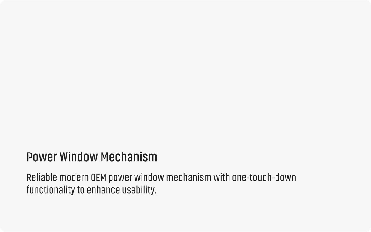 Technical specification graphic for a classic Mustang power window mechanism featuring modern OEM hardware and one-touch-down functionality.
