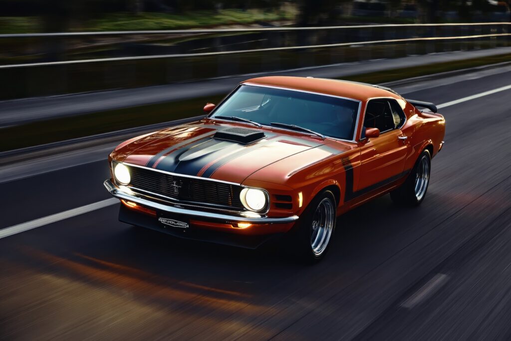 Front three-quarter motion shot of an orange Revology 1970 Ford Mustang Boss 302 restomod accelerating on a highway at dusk, featuring illuminated LED headlights, a functional shaker hood, and signature black hockey stick stripes.