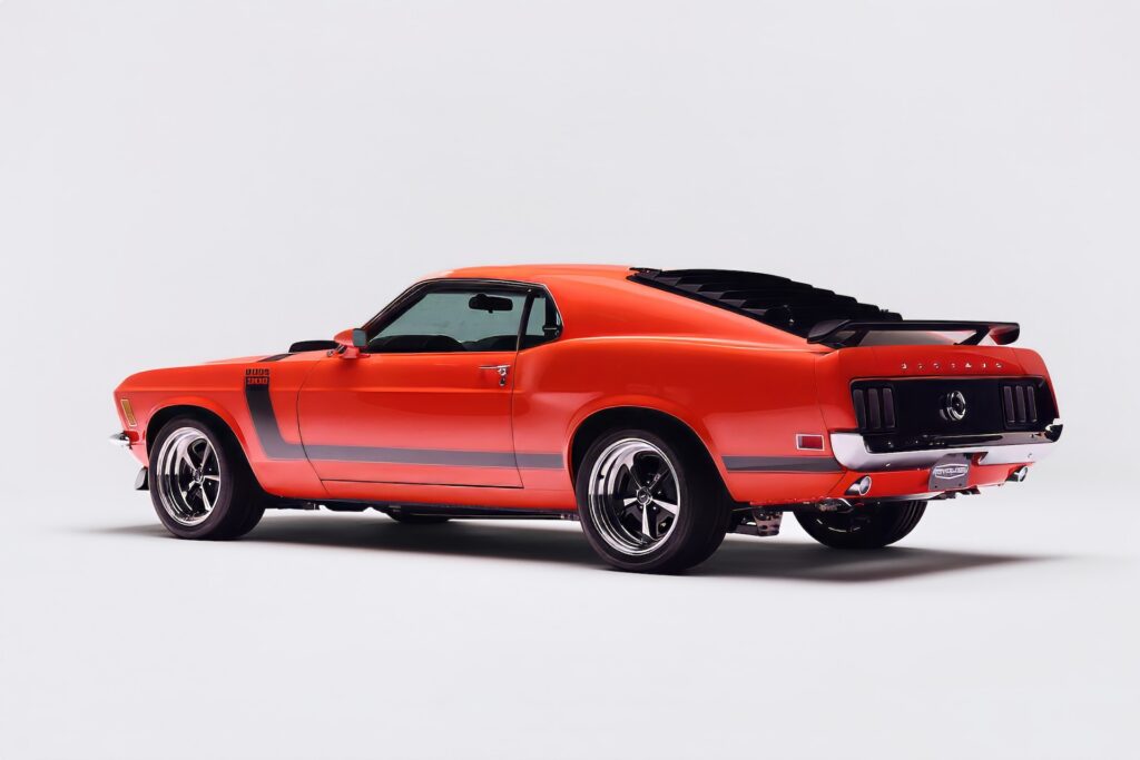 Rear three-quarter studio view of a red Revology 1970 Ford Mustang Boss 429 restomod, showcasing black hockey stick side stripes, rear window louvers, a blacked-out honeycomb tail panel, and modern 17-inch Magnum 500 wheels.